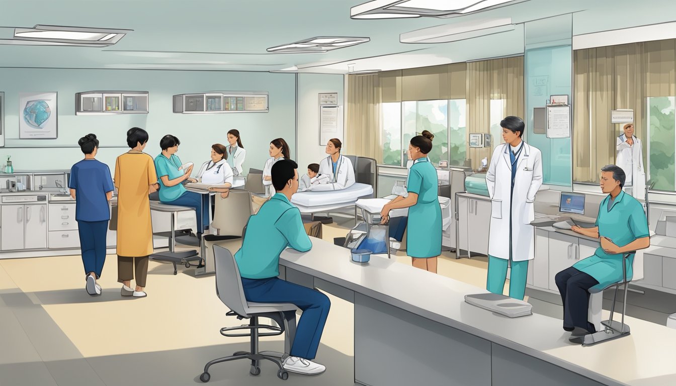 A busy cardiology clinic with patients waiting and staff assisting. Signs and posters promoting Bernard Kwok's cardiology services