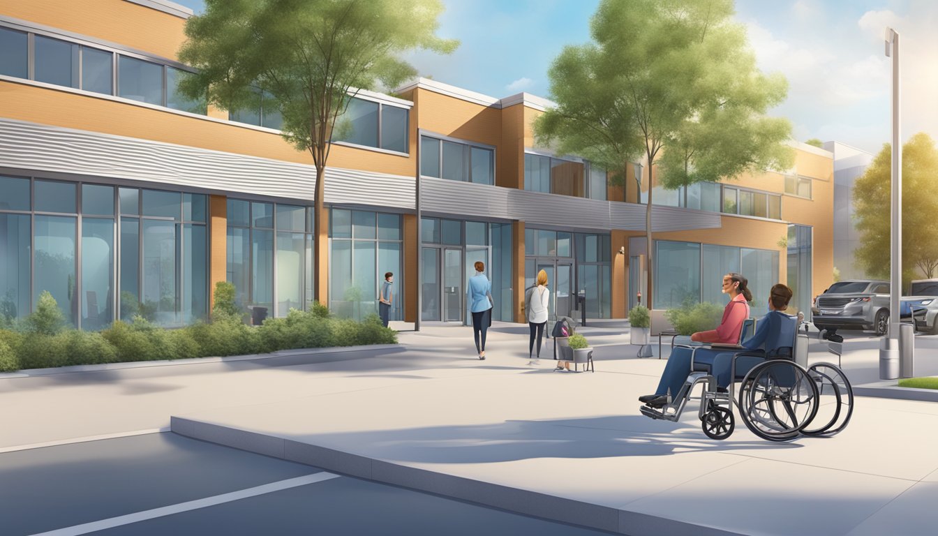 A modern cardiology clinic with wheelchair accessibility, located in a bustling urban area with clear signage and ample parking