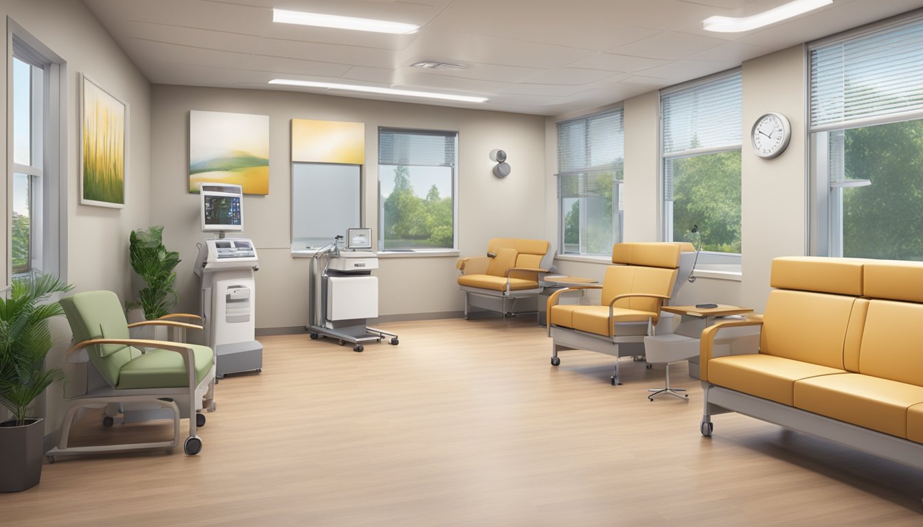 A modern, spacious cardiology clinic with state-of-the-art equipment and comfortable seating. Bright lighting and calming decor create a welcoming atmosphere for patients