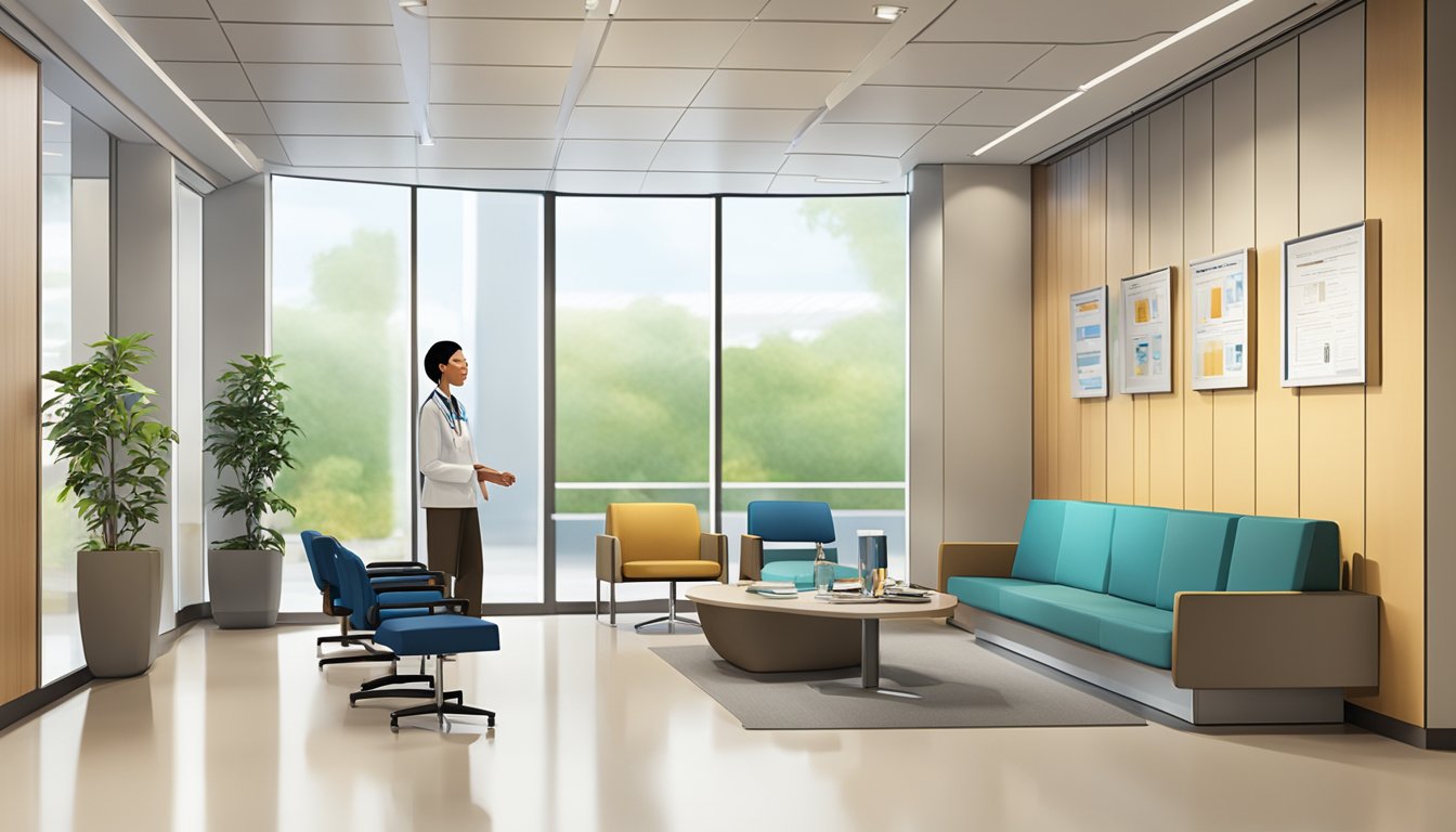 A patient reviews The Cardiac Center Pte Ltd, sitting in a modern waiting area with comfortable chairs and a reception desk. Medical equipment and informational brochures are visible