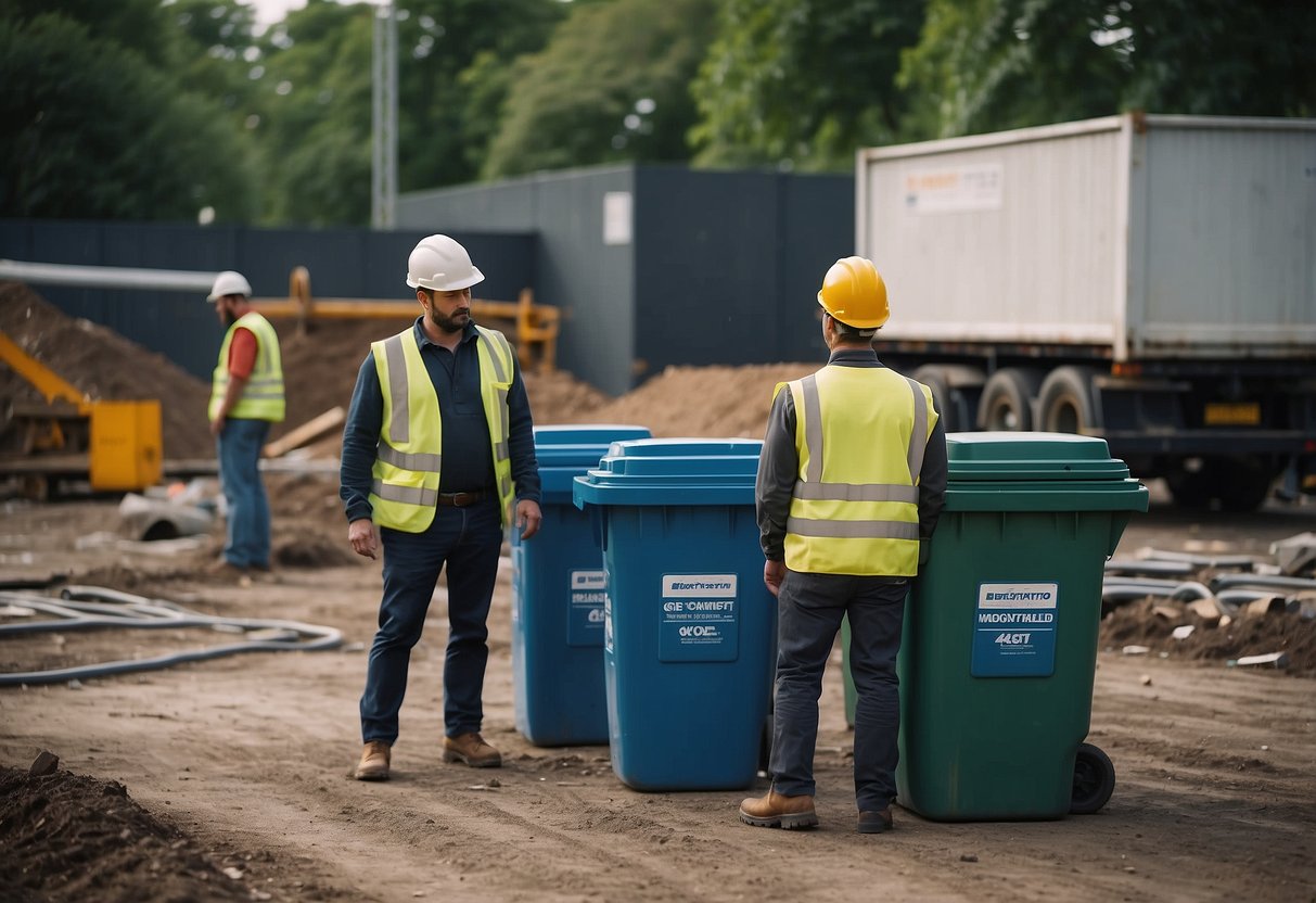 A construction site with waste bins labeled "Gestion Post-Chantier et Perspectives Environnementales SOSED" and workers managing debris