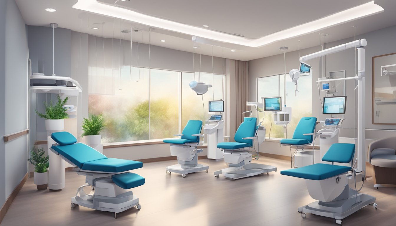 A modern cardiology clinic with state-of-the-art equipment and comfortable seating. A team of specialists consults with patients in private, well-lit rooms