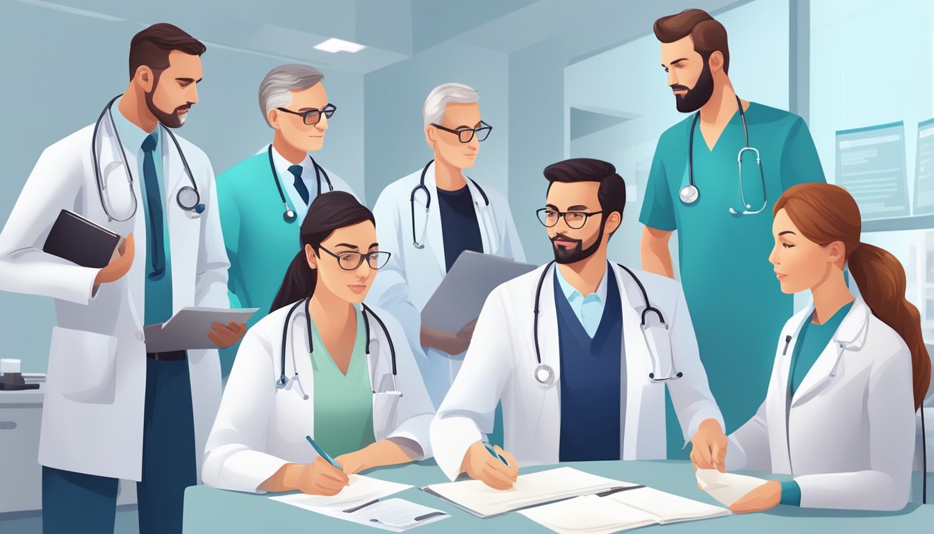 A group of doctors and specialists are gathered in a cardiology clinic, discussing and reviewing patient cases and treatment plans