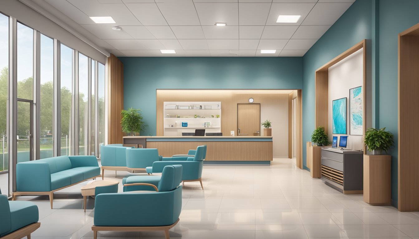 A modern cardiology clinic with sleek design, comfortable seating, and state-of-the-art medical equipment. The reception area is bright and welcoming, with friendly staff ready to assist patients