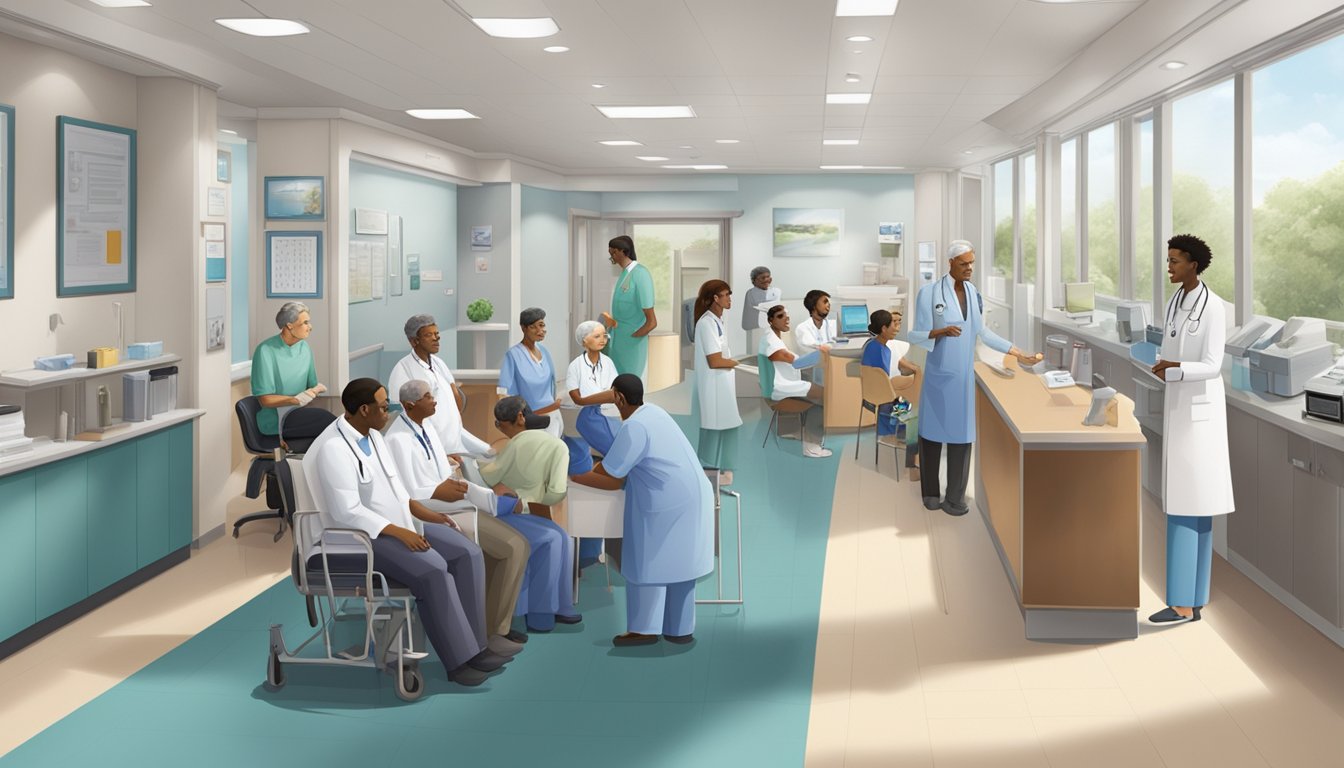 A bustling cardiology clinic with patients waiting, staff assisting, and doctors consulting. The atmosphere is professional yet welcoming, with medical equipment and informational posters on the walls