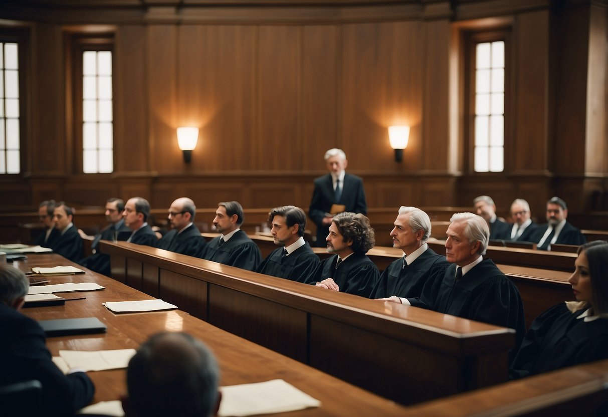 A courtroom with judges and lawyers discussing administrative law and public procurement cases. The focus is on the legal proceedings and the exchange of arguments