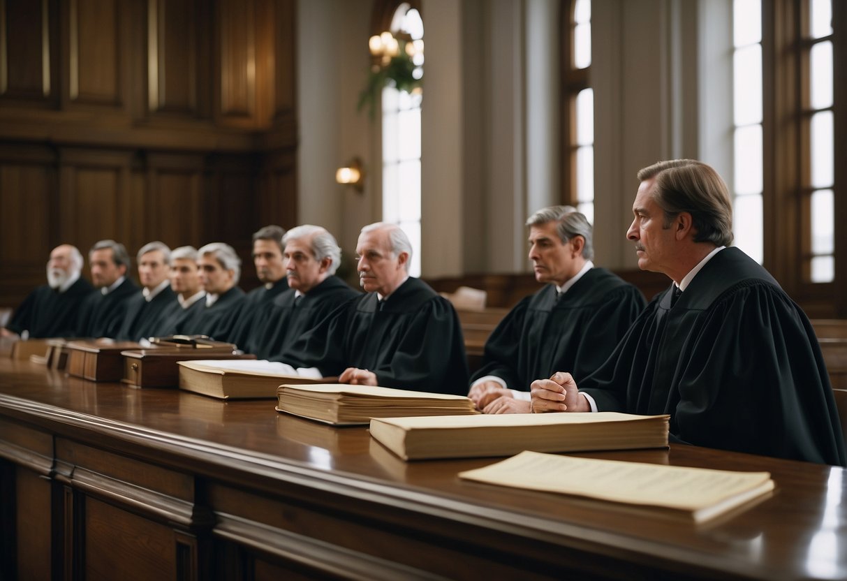 A courtroom with judges and lawyers discussing administrative jurisdiction and public contracts, referencing the Magnier case and administrative responsibility. The scene is serious and professional, with legal documents and evidence present