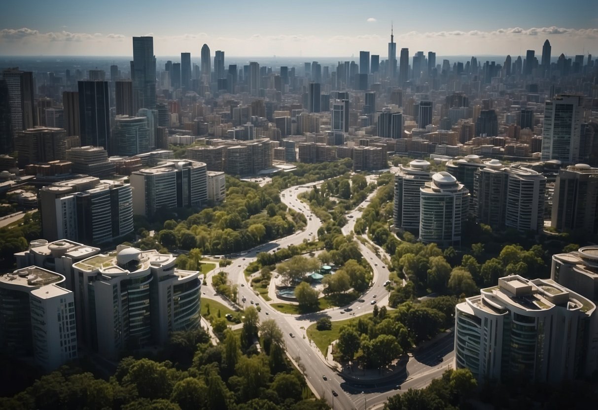 A bustling cityscape with modern buildings, public infrastructure, and green spaces, representing the intersection of urban planning, environmental law, and public administration