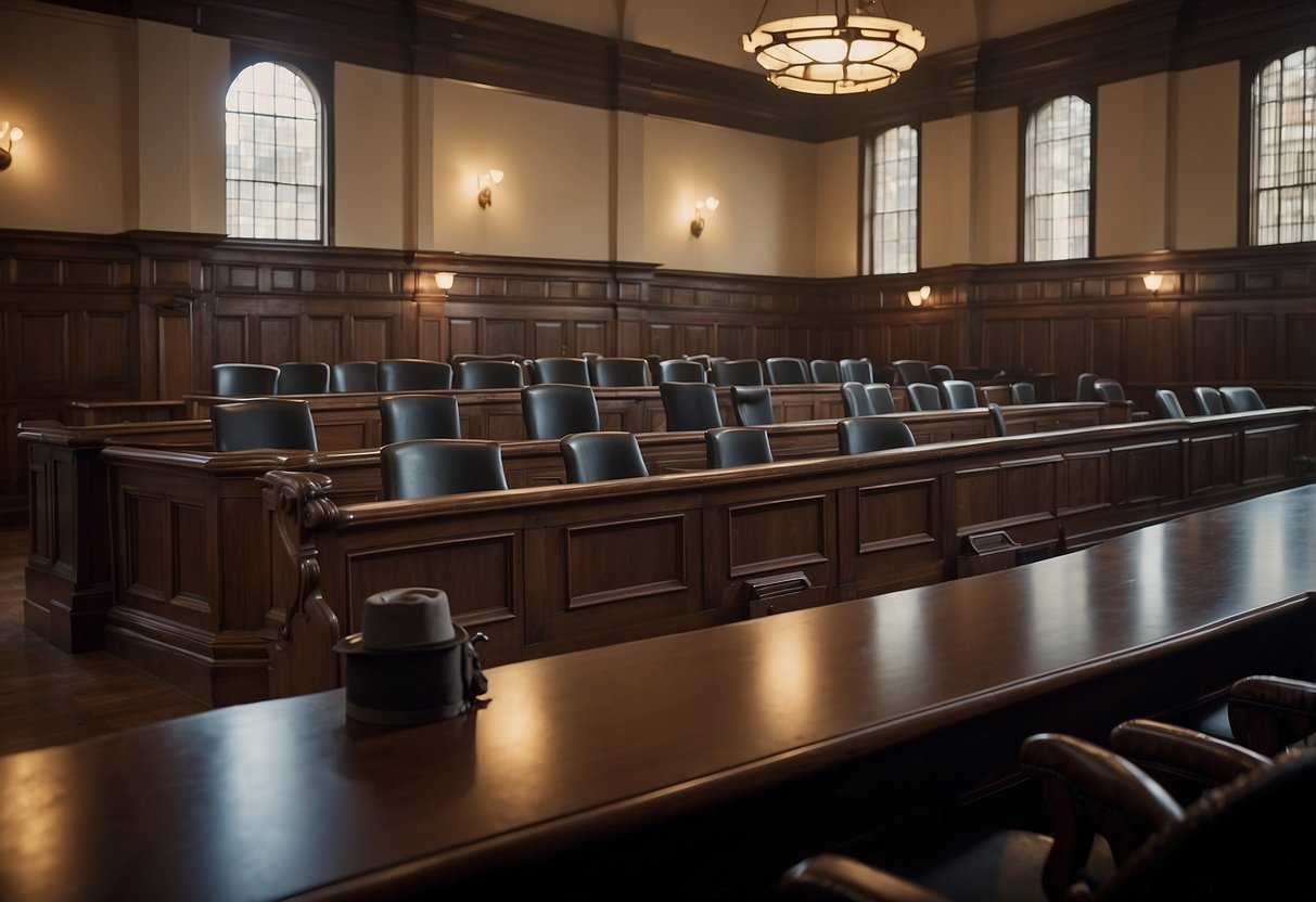 A courtroom with a lawyer representing a public entity in administrative and territorial law cases. No human subjects or body parts included