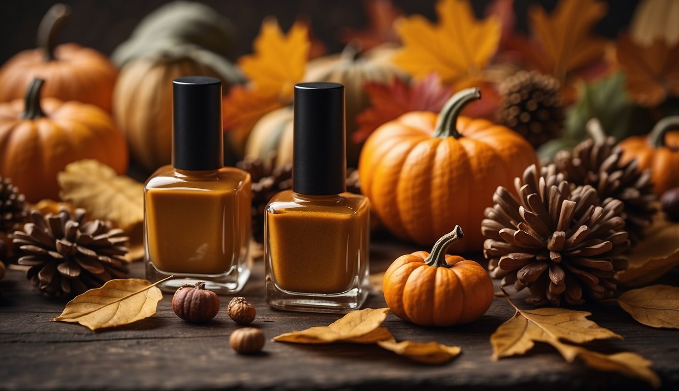 A table set with autumn-themed nail polish, leaves, and pumpkins for Thanksgiving nail art Thanksgiving Nails Ideas