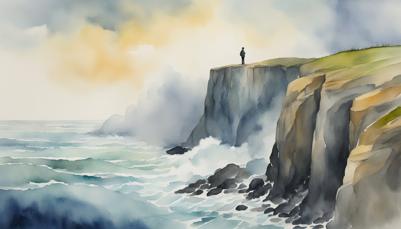 A person standing on a cliff edge, looking out at a turbulent sea below, feeling overwhelmed and powerless