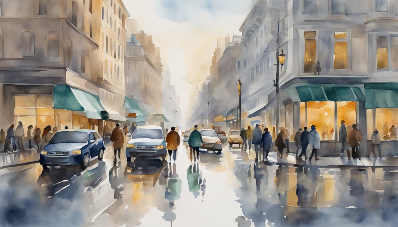 A bustling city street with people going about their daily routines, surrounded by reflections of buildings and cars in the windows and puddles