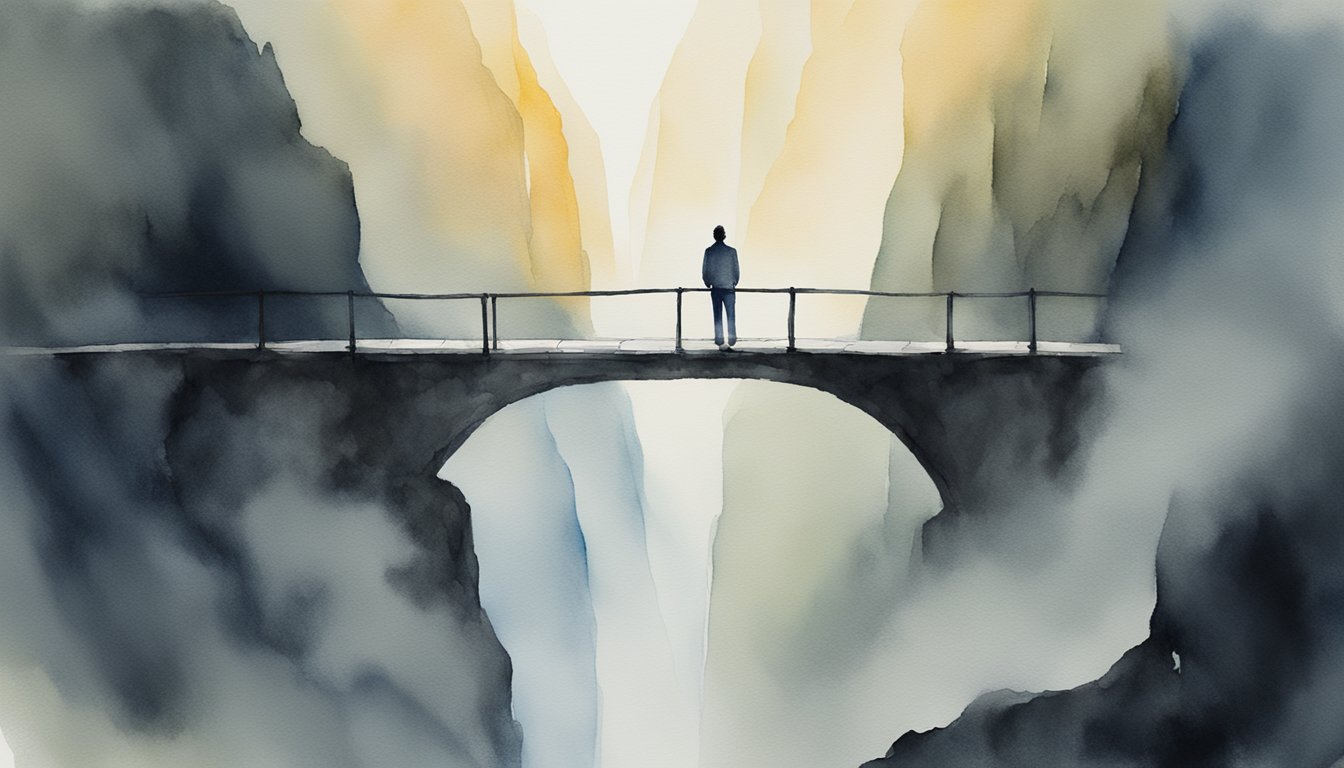 A figure standing on a narrow bridge over a deep chasm, surrounded by fog and darkness, symbolizing vulnerability and uncertainty