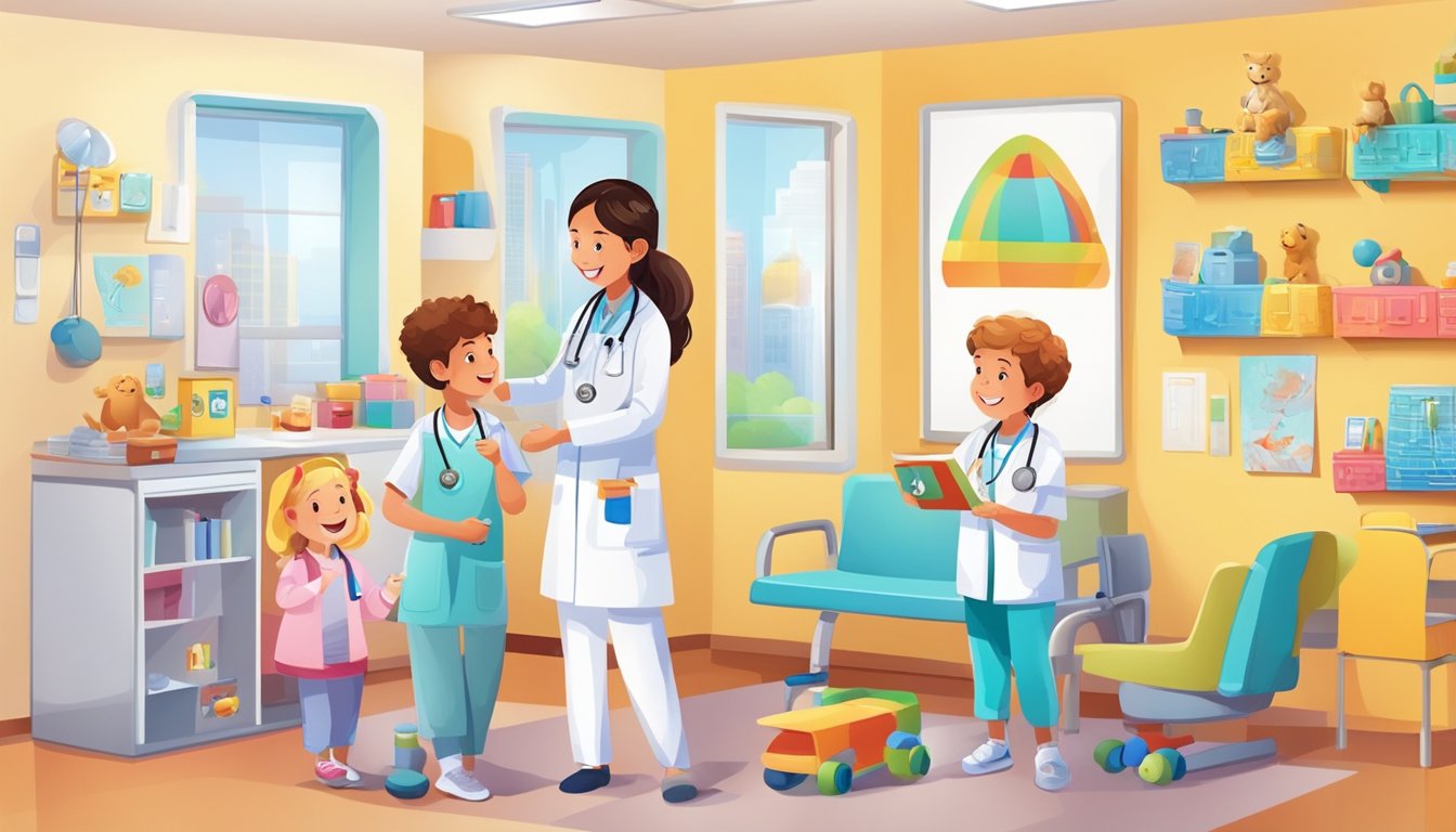 A child-friendly cardiology clinic with colorful walls and toys. A doctor and nurse are seen interacting with a smiling child