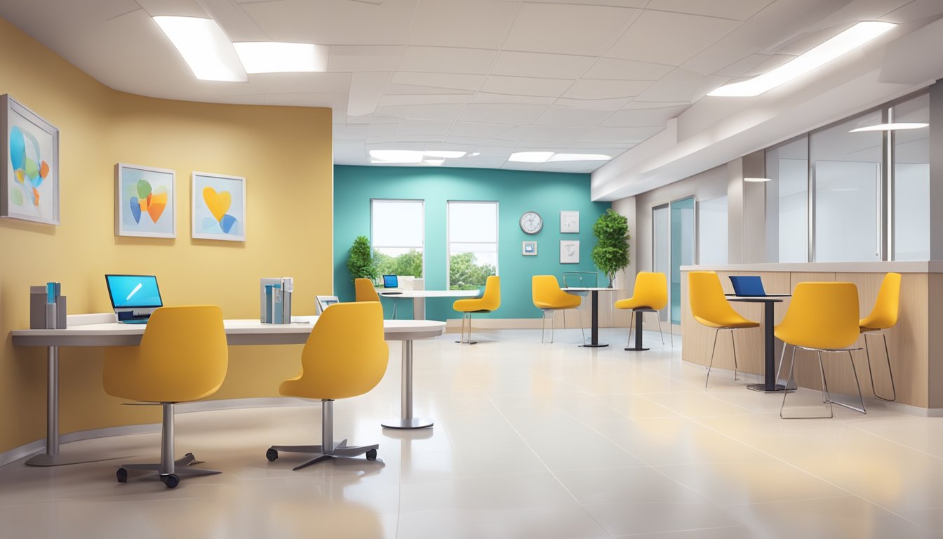 A modern and spacious cardiology and pediatric clinic with easy accessibility for all patients. Brightly lit waiting area with comfortable seating and a reception desk