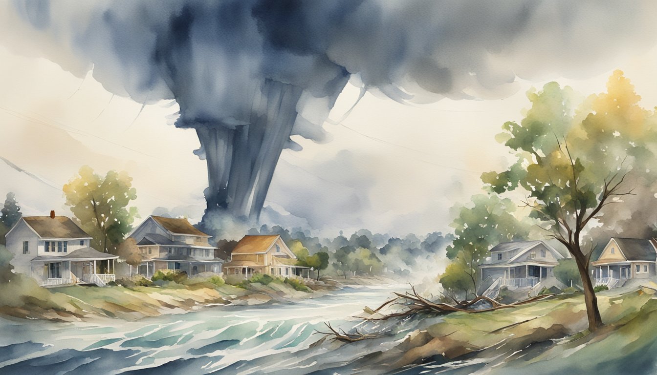 A tornado rips through a peaceful countryside, uprooting trees and tearing apart homes, while a tsunami crashes onto a bustling city, engulfing skyscrapers in its powerful waves