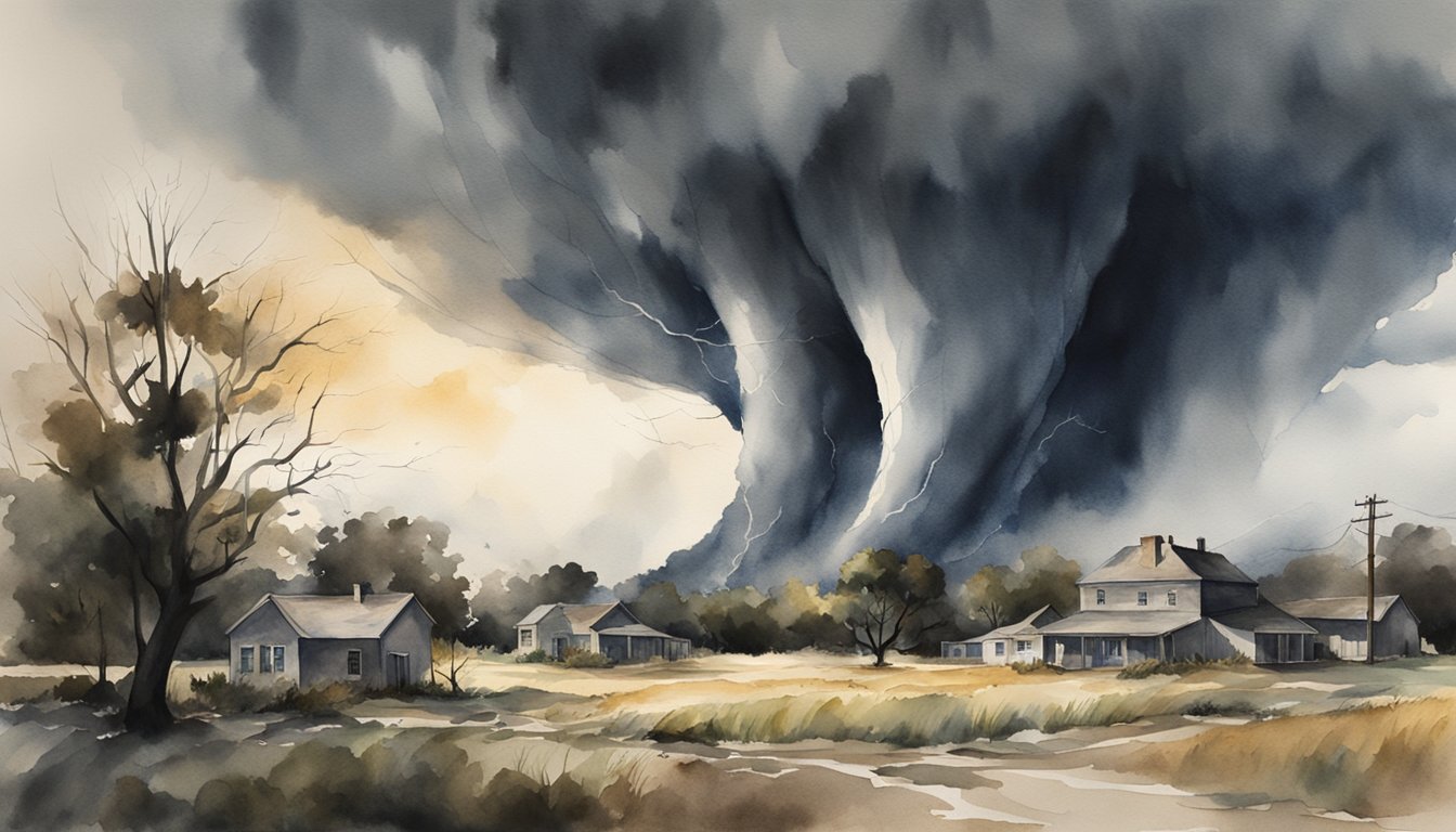 A tornado swirls across a desolate landscape, tearing through trees and buildings.</p><p>Dark storm clouds loom overhead, casting an ominous shadow