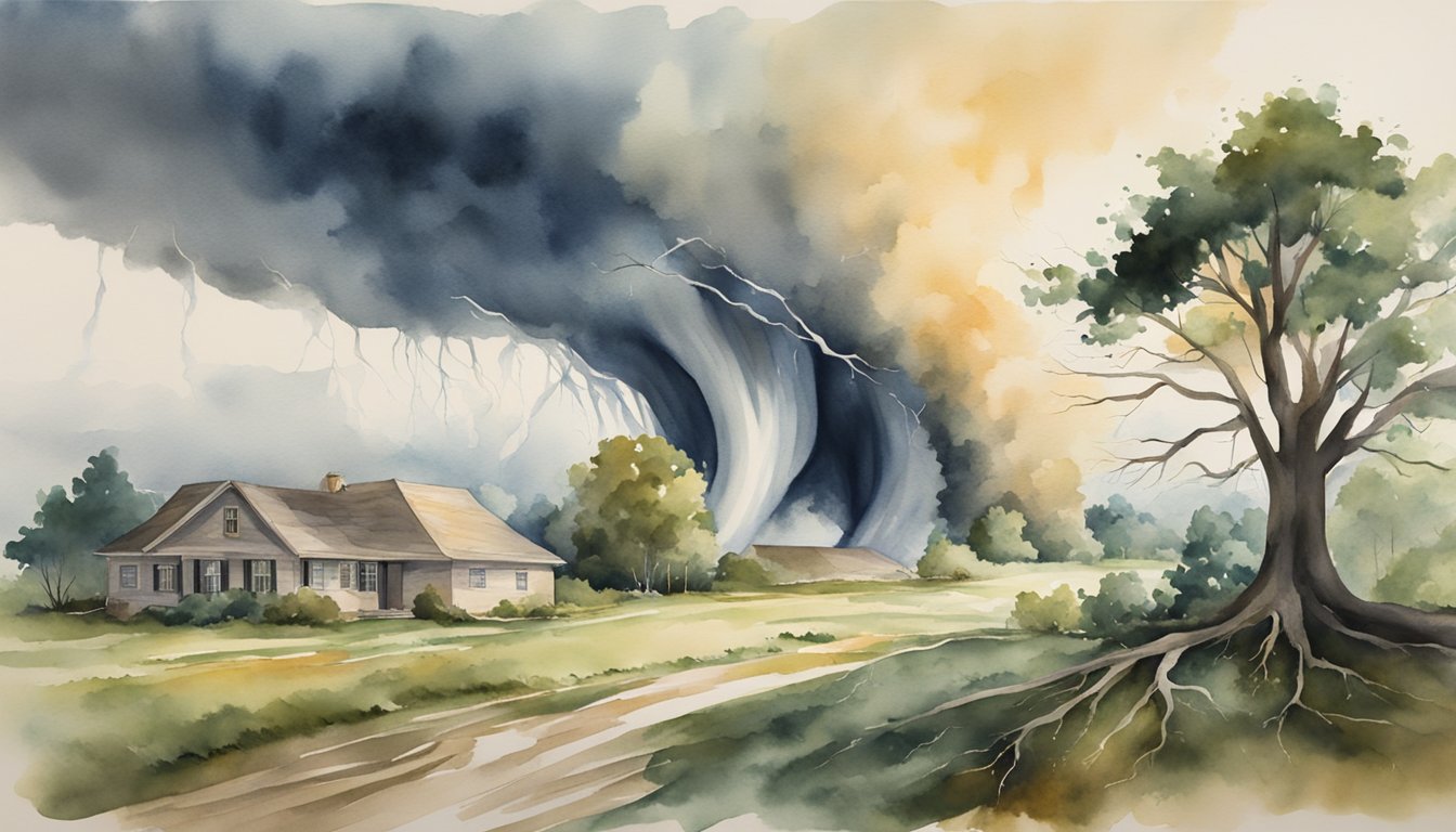 A raging tornado sweeps through a tranquil countryside, uprooting trees and tearing apart homes, symbolizing fear and loss in natural disaster dreams