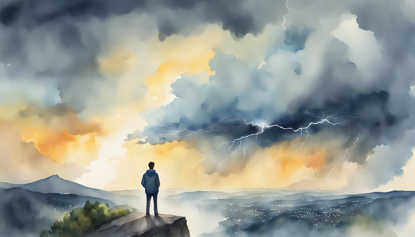 A person stands on a cliff overlooking a city engulfed in a natural disaster, with storm clouds and lightning in the sky