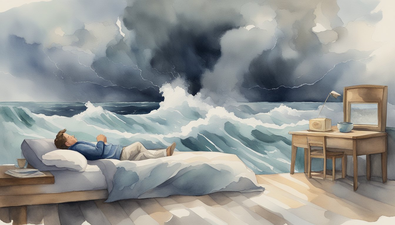 A person lying in bed, surrounded by swirling storm clouds and crashing waves, while a tornado and earthquake loom in the distance