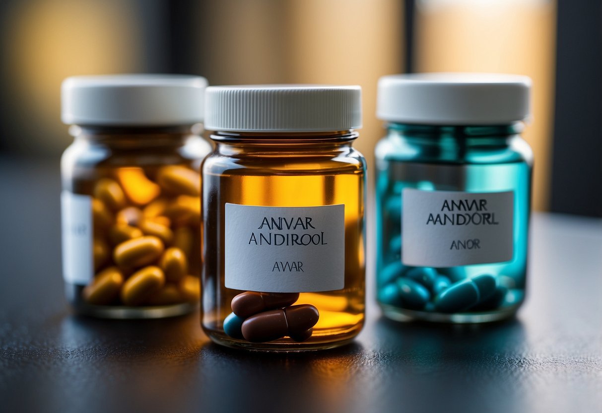 Two pill bottles stand side by side, one labeled "Anavar" and the other "Anadrol." The labels are clear and bold, with distinct colors and fonts