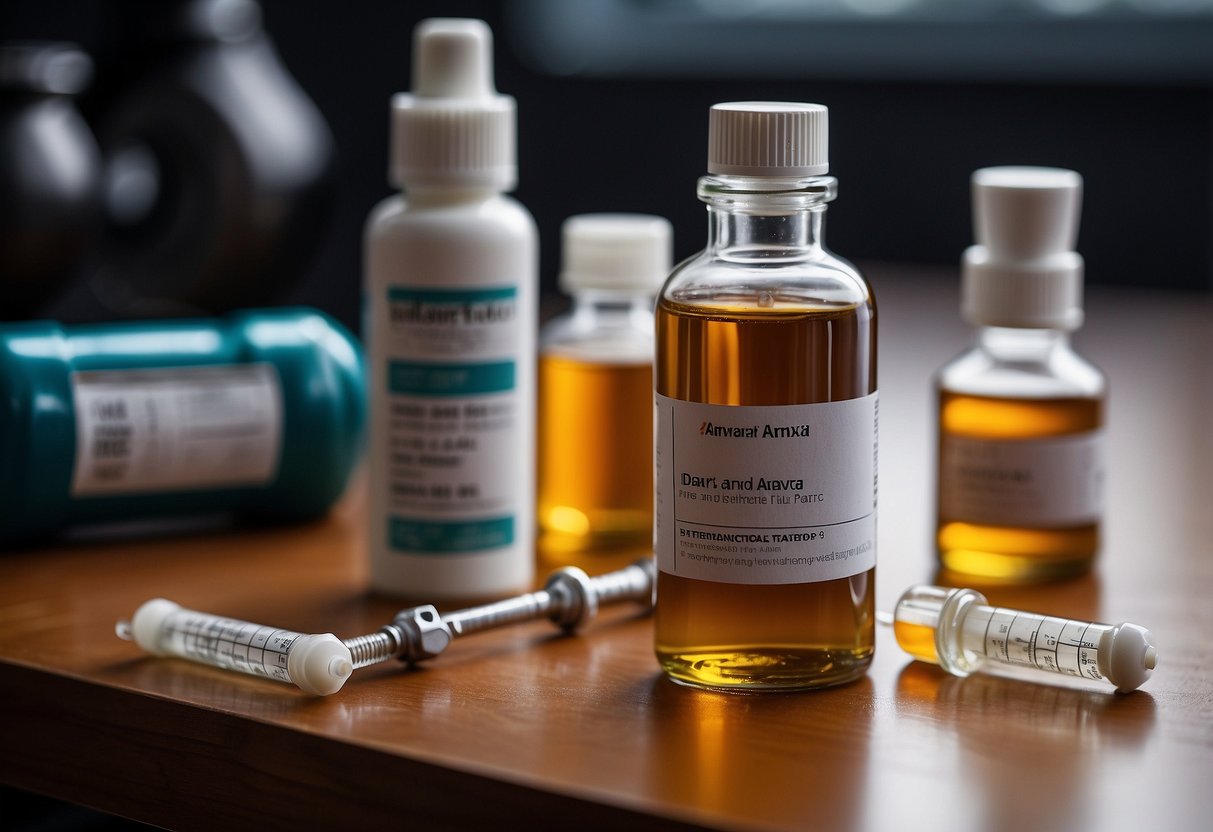 A bottle of Anavar and Anadrol on a table, with a syringe and vial in the background. A workout bench and weights in the corner