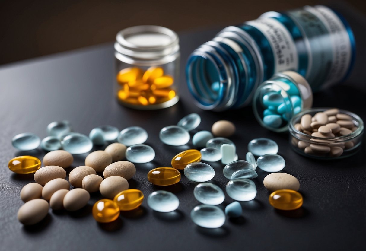 A comparison chart with Anavar and Anadrol pills, surrounded by safety symbols and health-related imagery