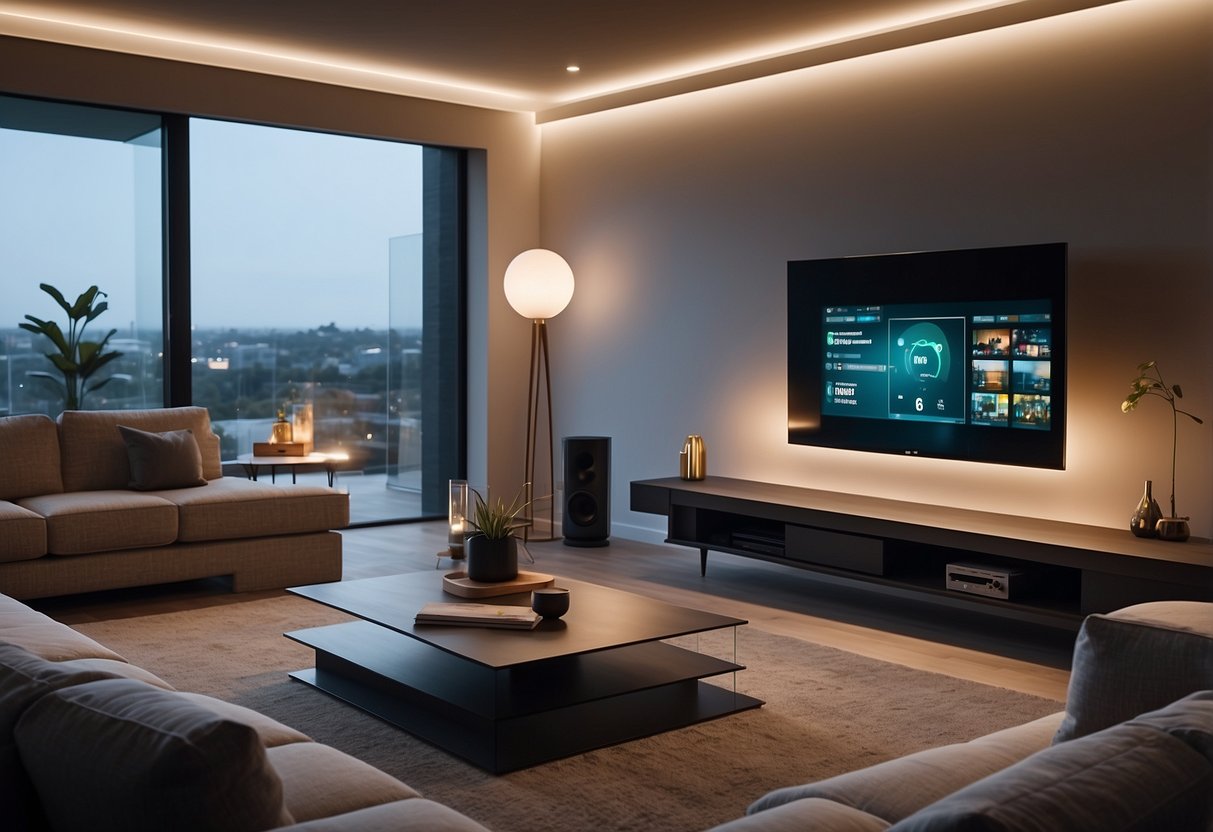 A modern living room with voice-activated lights, temperature control, and security system. Smart home devices are seamlessly integrated into the sleek, minimalist decor