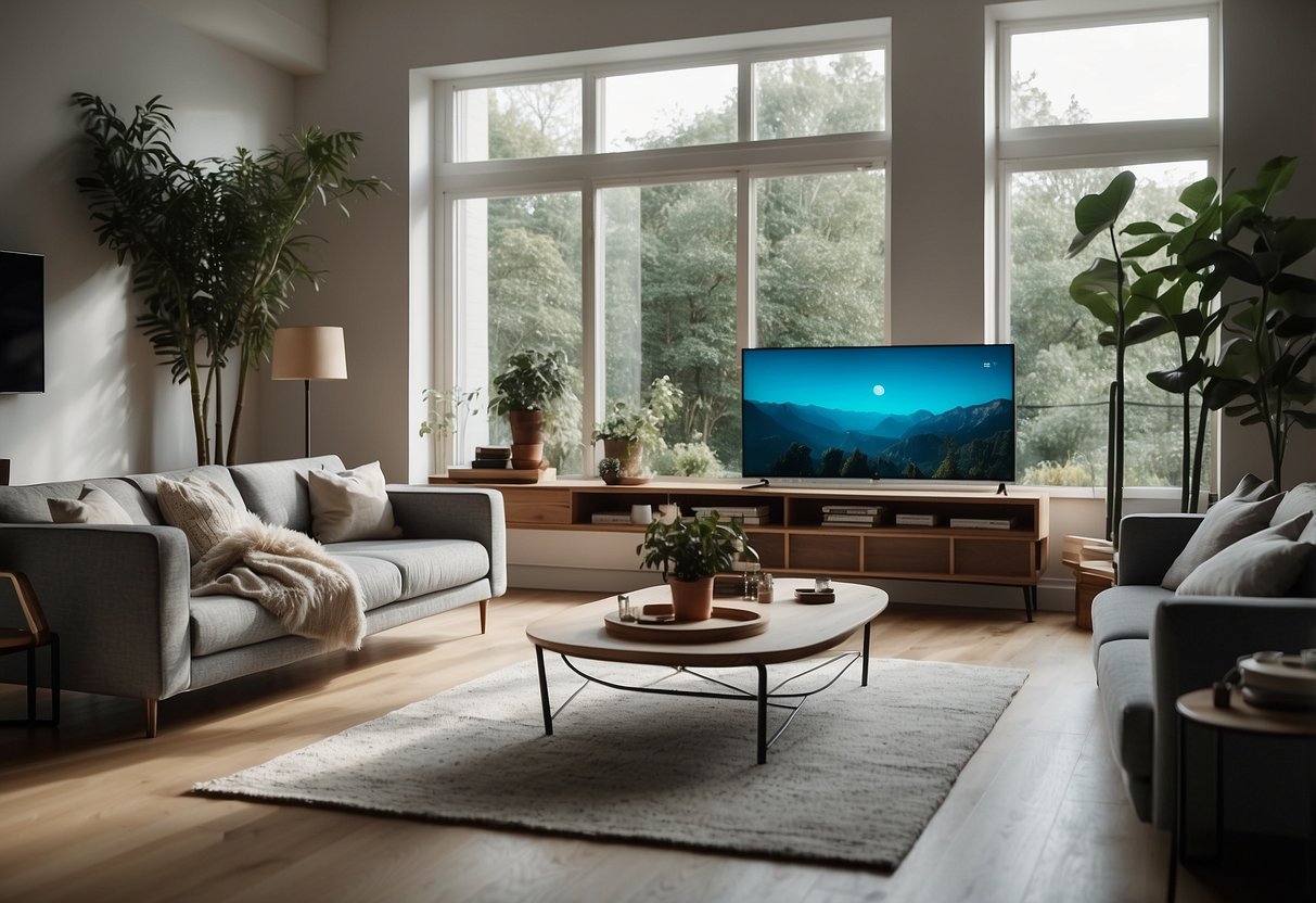 A modern living room with smart devices seamlessly communicating and interacting, showcasing the convenience and compatibility of Matter smart home technology
