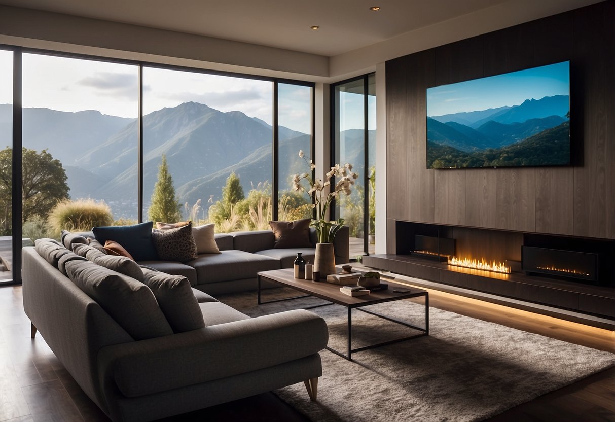 A modern living room with smart home devices seamlessly integrated into the decor, including voice-controlled lights, automated thermostat, and smart speakers