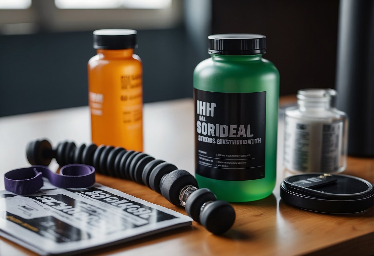 A bottle of oral steroids sits on a table, surrounded by fitness magazines and a weight scale. A gym bag and workout clothes are nearby
