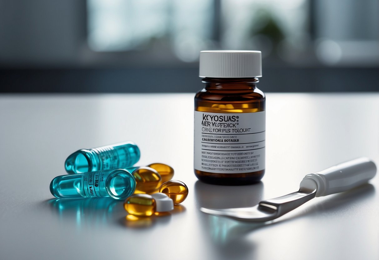 A bottle of oral steroids sits on a clean, white surface, surrounded by a measuring scoop and a pill organizer. The label reads "Key Oral Steroids for Cutting."