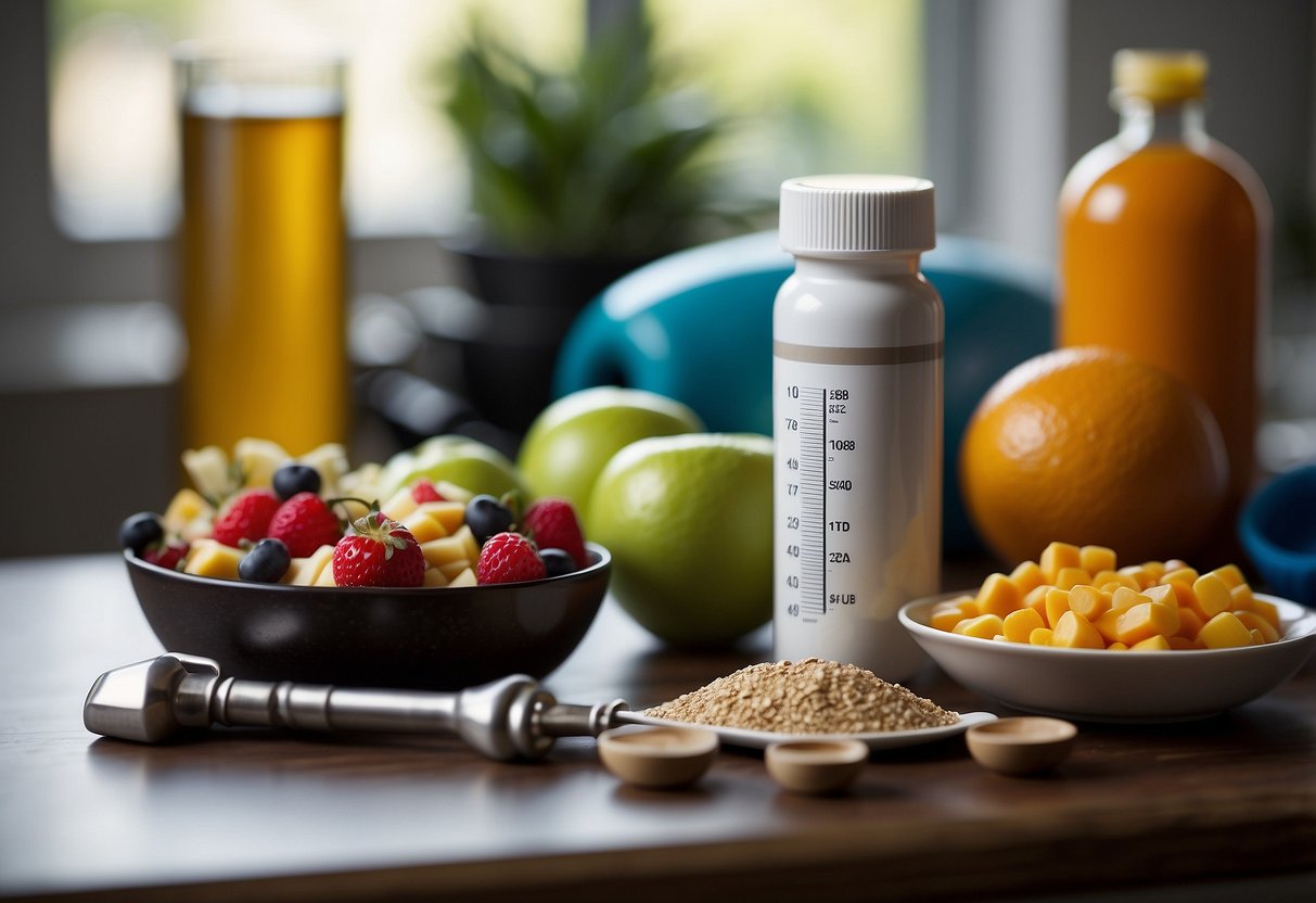 A bottle of oral steroids sits on a table, surrounded by exercise equipment and healthy food. A scale displays decreasing numbers, indicating fat loss