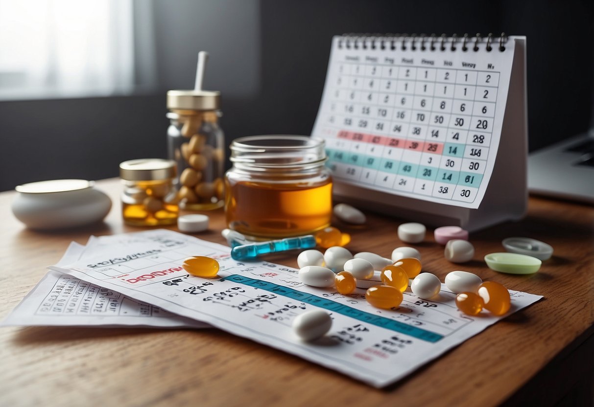 A table with various oral steroid pills, a calendar with marked cycles, and a dosage chart for fat loss