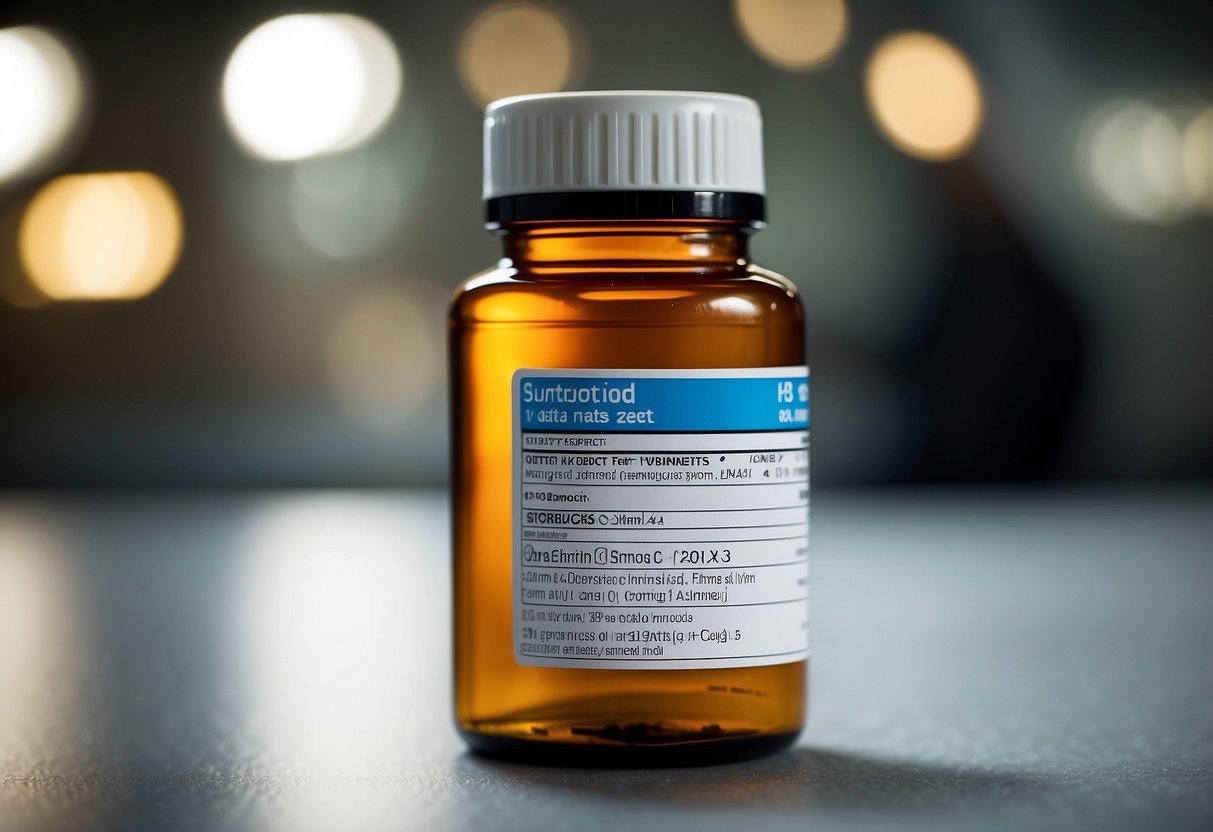 A bottle of oral steroids with a warning label. A list of potential side effects and health risks is displayed prominently