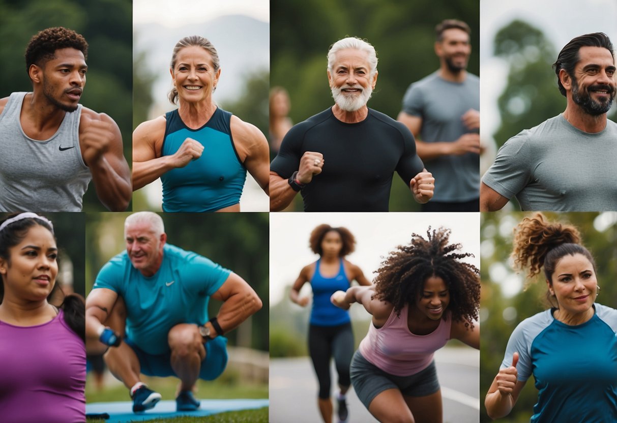 A diverse group of people of different ages, genders, and ethnicities engaging in various forms of physical activity, such as weightlifting, running, and yoga, with a focus on healthy lifestyle choices