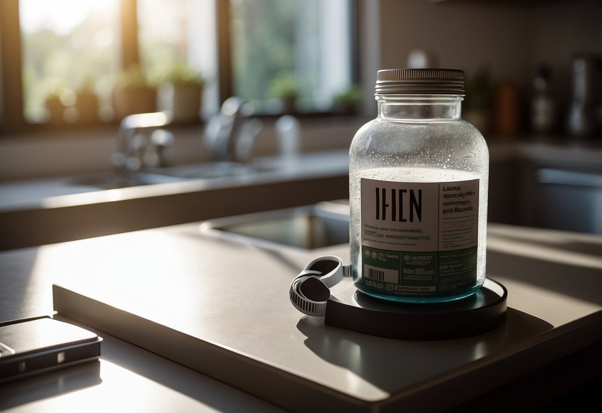 A bottle of oral steroids sits on a sleek, modern countertop. A stack of fitness magazines and a weight scale are nearby. The room is well-lit with natural sunlight streaming in through a window