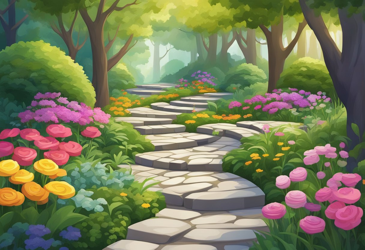 A winding path with 20 unique stepping stones of various shapes and sizes leading through a lush garden with vibrant flowers and tall trees