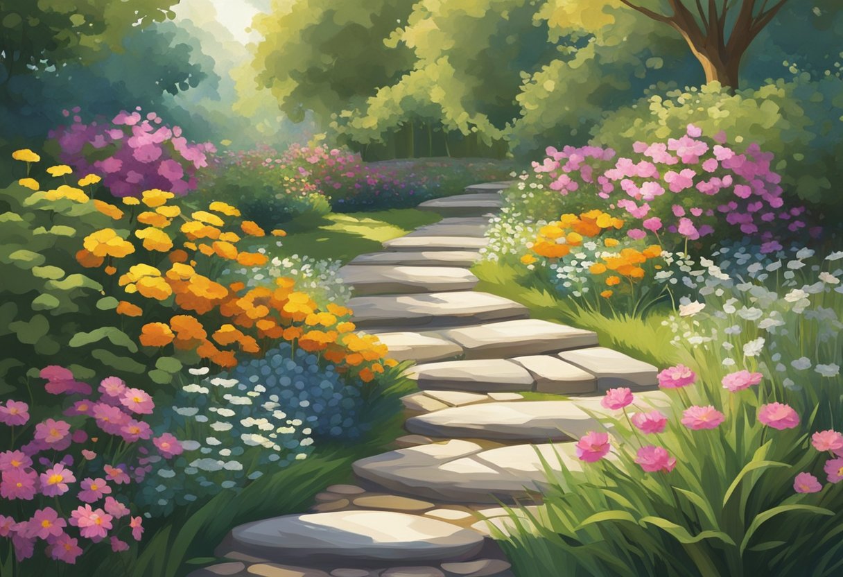 A winding stone pathway through a lush garden, bordered by vibrant flowers and tall grasses. The sun casts dappled shadows on the smooth, weathered stones