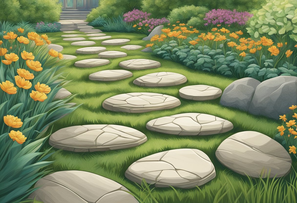 A pathway of engraved stones winding through a serene garden, each one adorned with unique designs and patterns, creating a sense of harmony and tranquility