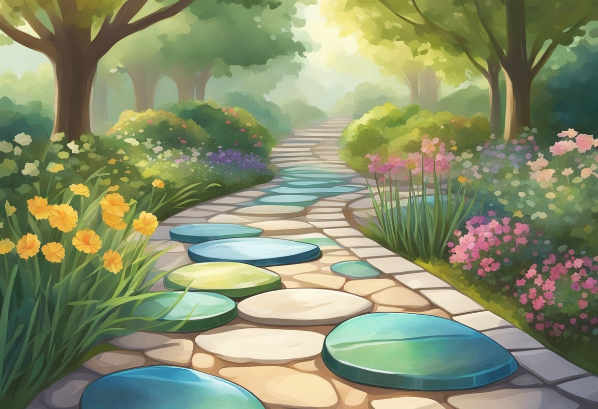 A garden path lined with colorful recycled glass stepping stones, reflecting the sunlight and adding a touch of eco-friendly charm to the landscape