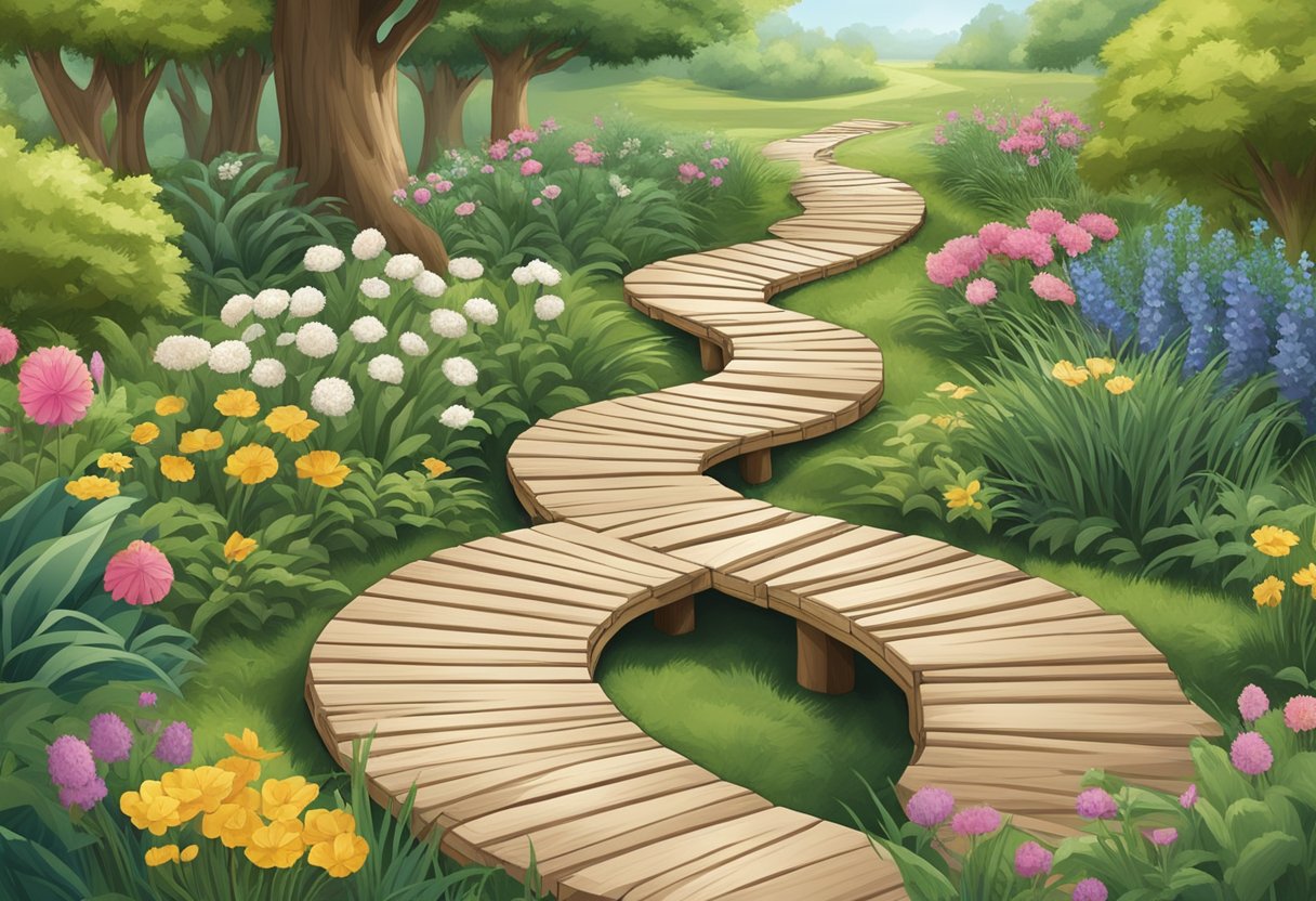 A winding path of 20 wooden stepping stones, each uniquely designed and placed in a natural garden setting