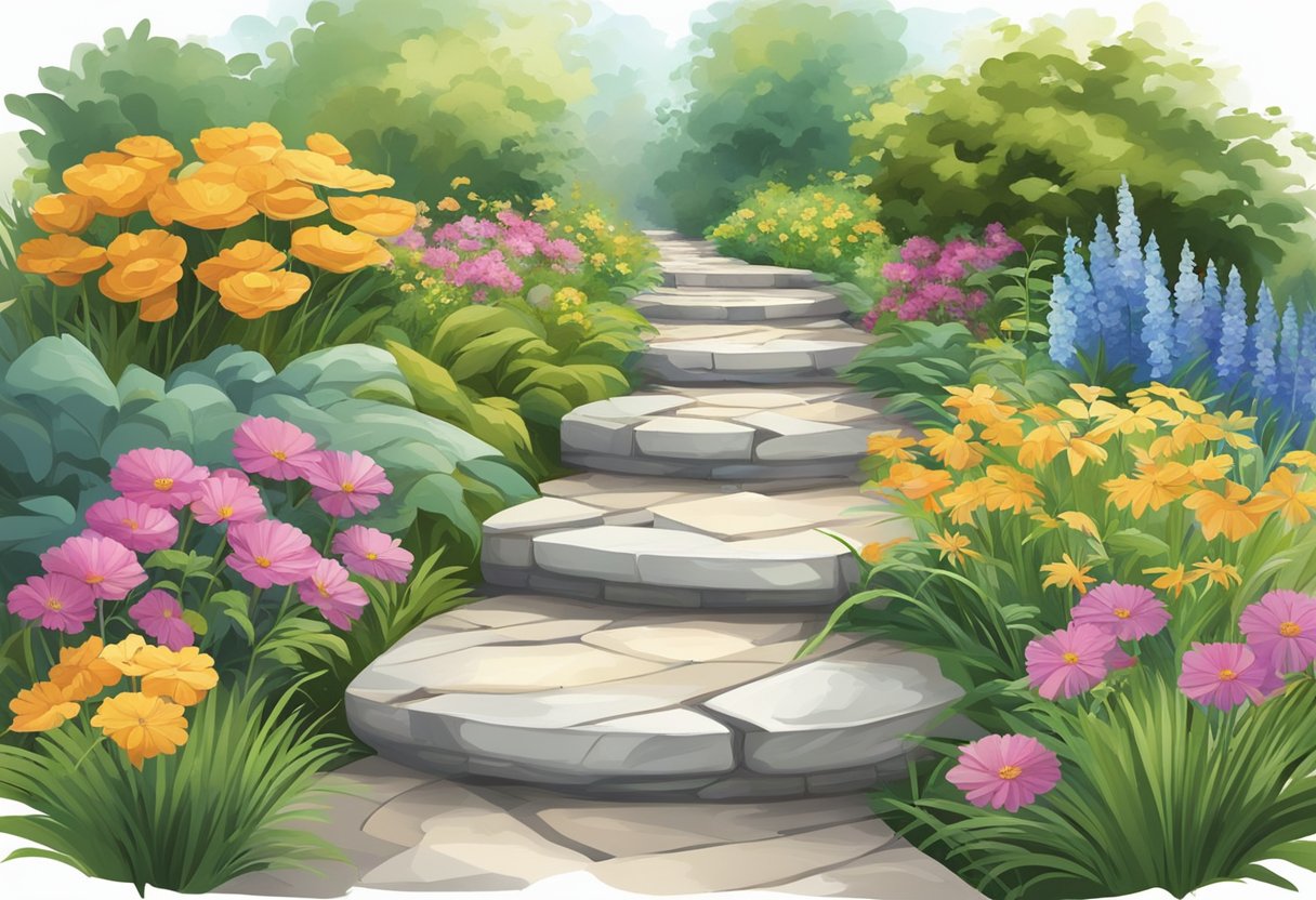 A winding path of marble stepping stones leads through a lush garden, bordered by vibrant flowers and tall, swaying grasses