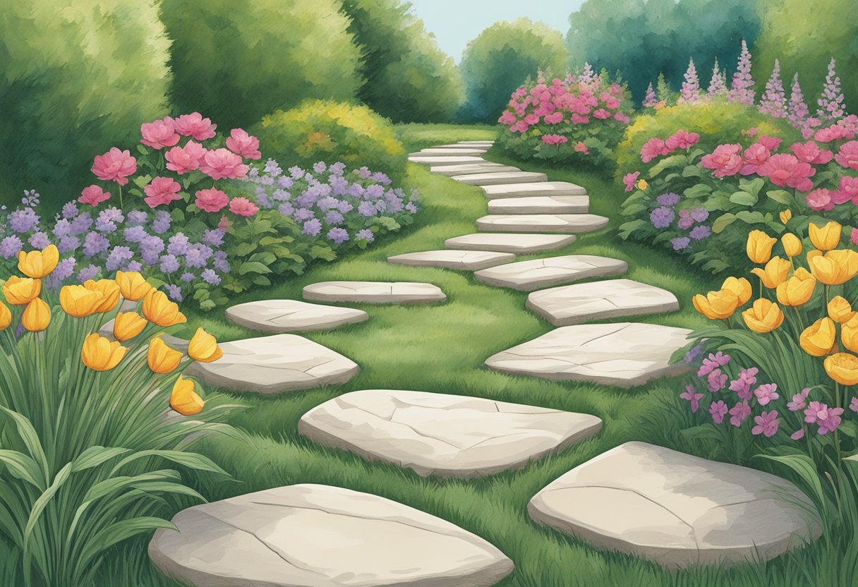 A garden path lined with 20 unique stepping stones, each engraved with a personalized name or design, adding a touch of individuality to the landscape