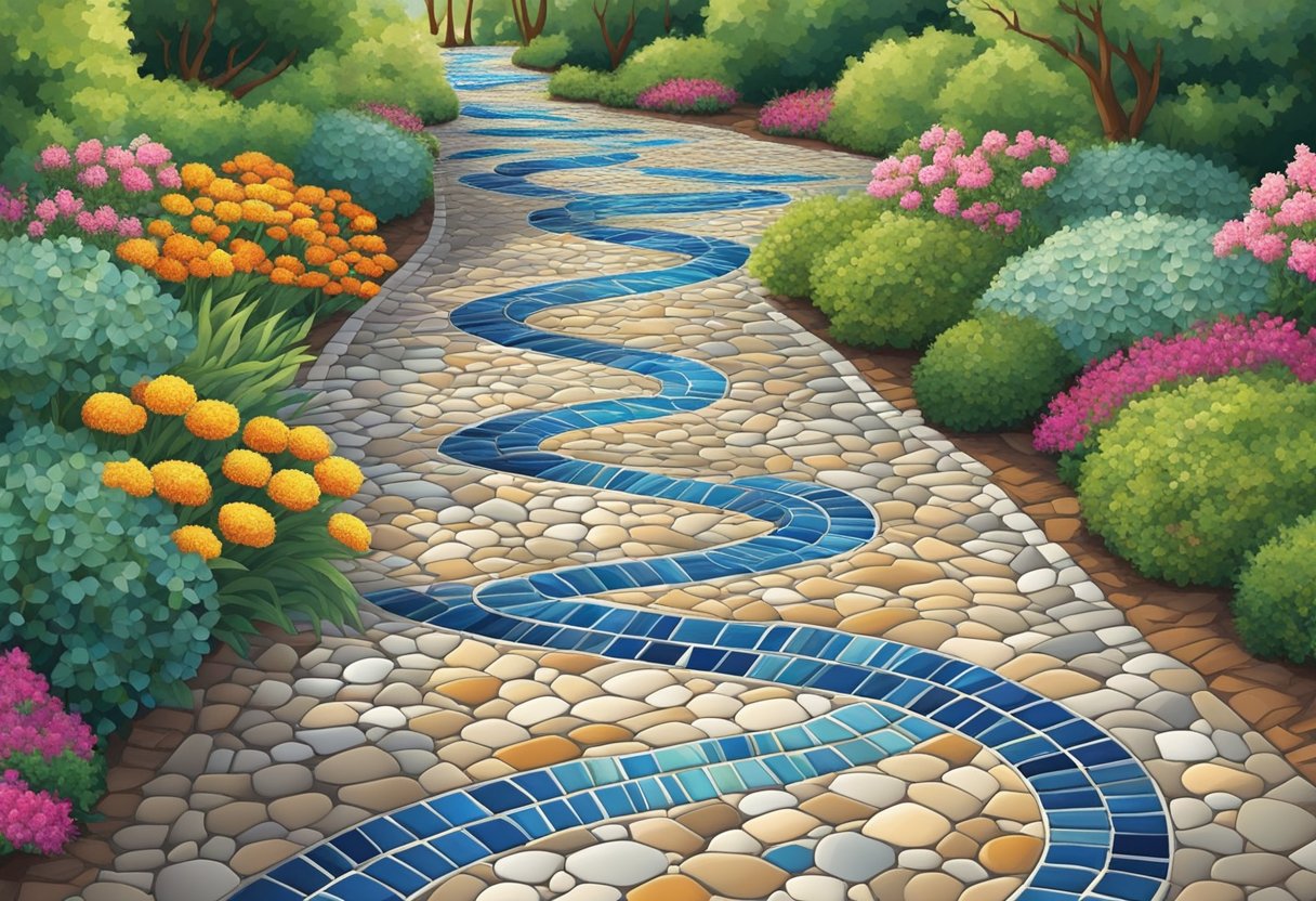 A winding path of ceramic tile steppers leads through a garden, each stone unique in color and pattern, creating a mosaic-like effect on the ground