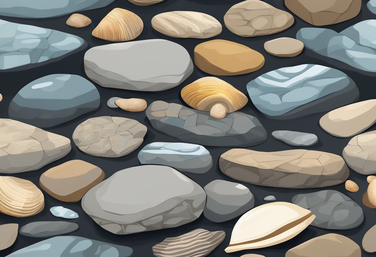 A path lined with stones, each embedded with unique shells. The stones vary in size and shape, creating a natural and inviting stepping stone pathway