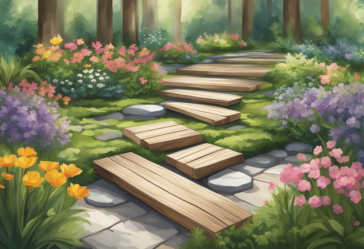 Reclaimed wood planks arranged as stepping stones in a garden, surrounded by lush greenery and flowers