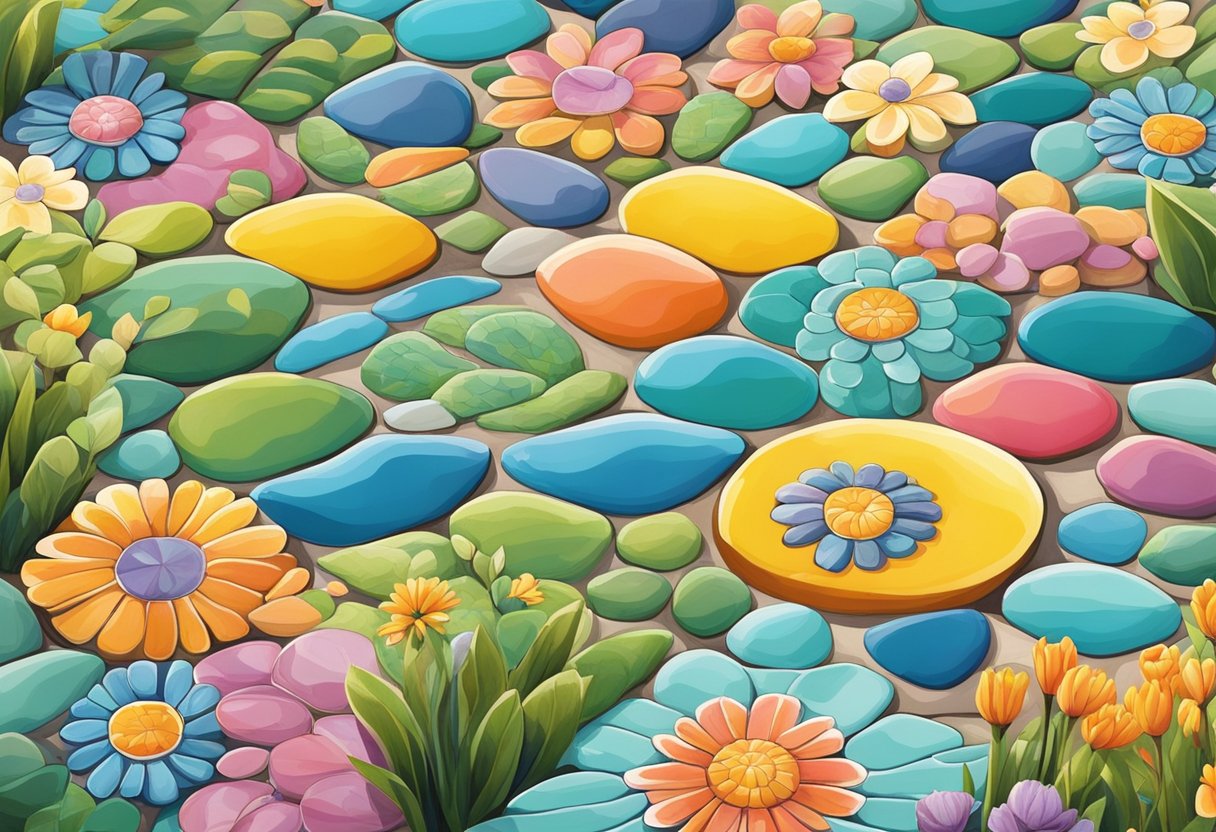 Colorful ceramic stones arranged in a garden path, each hand-painted with unique designs. Flowers, animals, and geometric patterns create a whimsical and inviting pathway