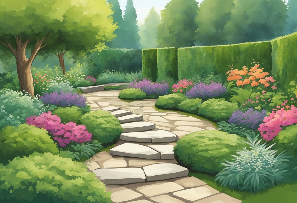 A garden path winding through lush greenery, with strategically placed stepping stones leading the way. Each stone is unique, adding visual interest and functionality to the landscape