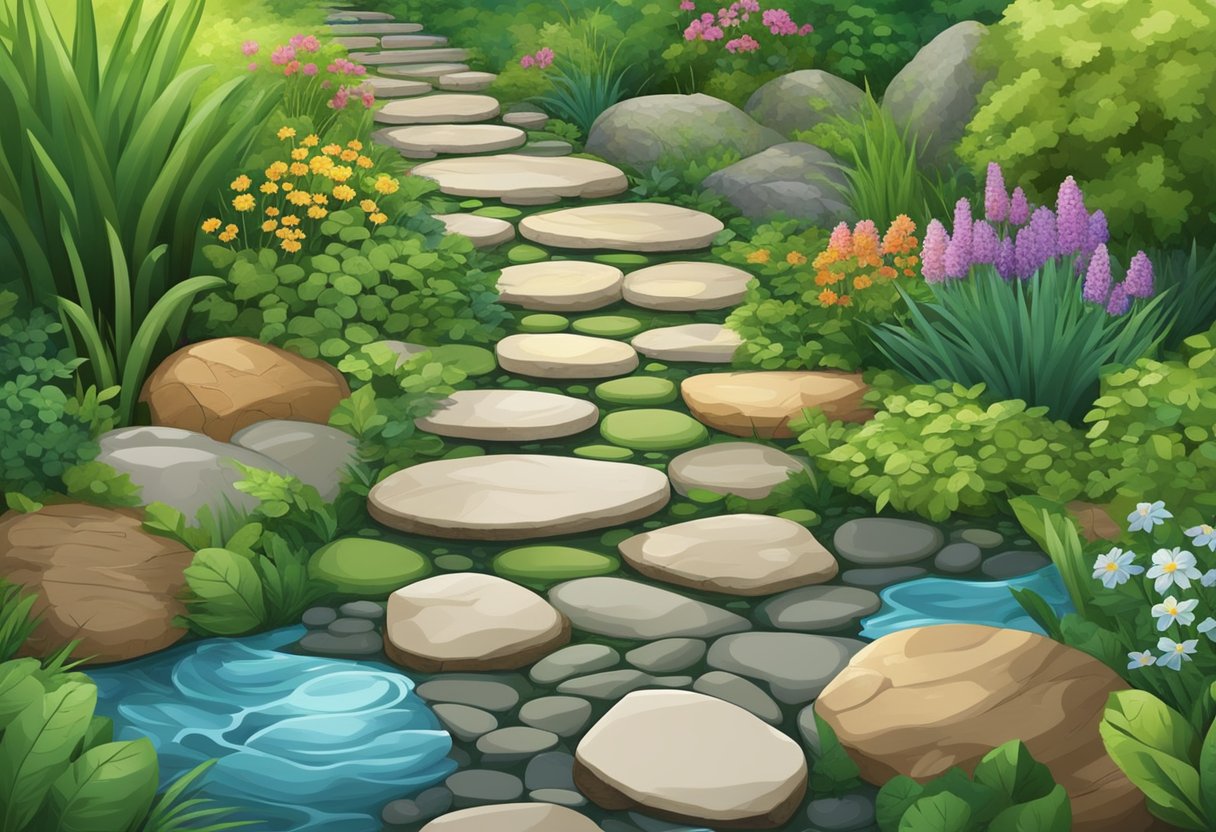 A garden path with various stepping stones made from natural materials like river rocks, wooden slices, and mosaic tiles, leading through lush greenery